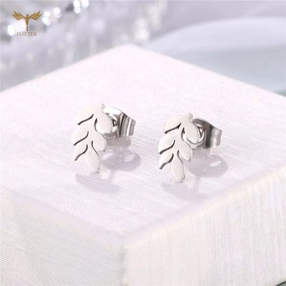 Dainty Silver Leaf Branch Stud Earrings - Picture 2 of 6